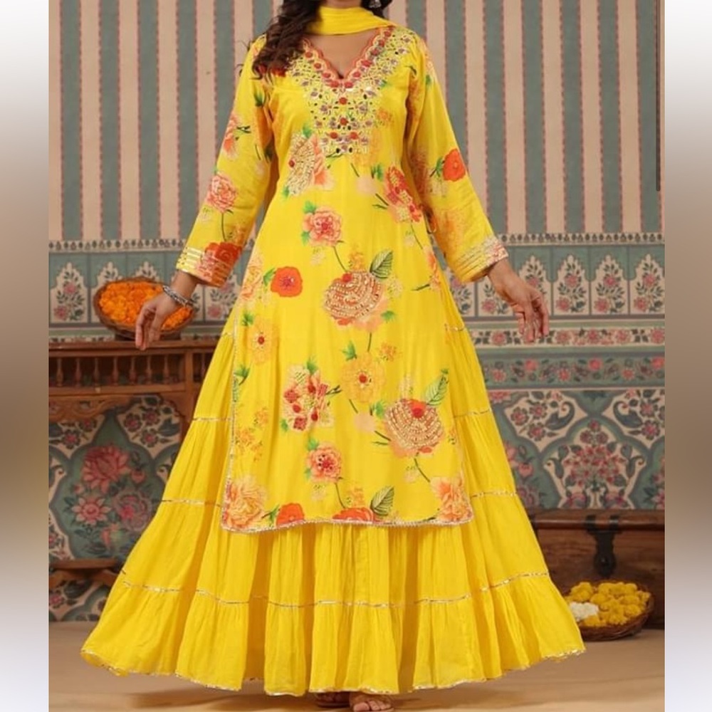 Beautiful yellow Sharara Kurti Dress with chiffon dupatta